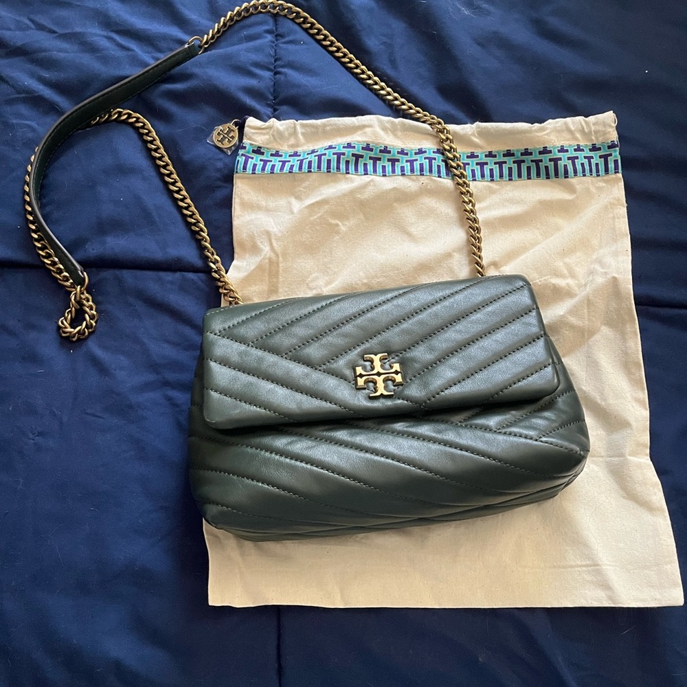 Authentic Tory Burch Kira Chevron Crossbody Bag Dark Green with Gold Accents